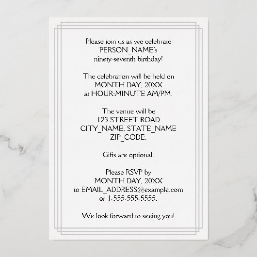 97th Birthday Party — Elegant Script + aangepaste Folie Uitnodiging (Achterkant)