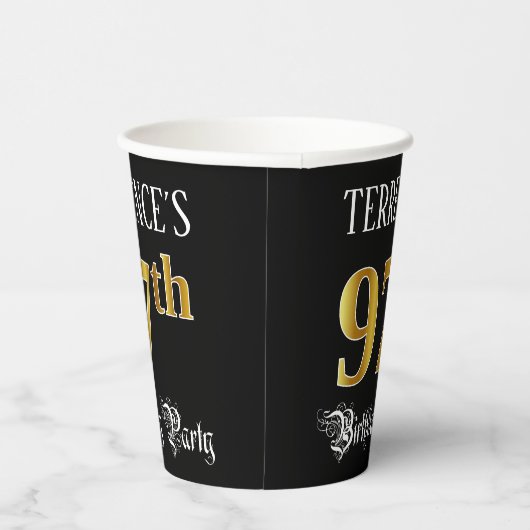 97th Birthday Party — Fancy script, Faux Gold look Papieren Bekers (Rechts)