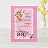 98 jaar oud wenskaart - rozen en vlinders kaart (Gele Bloem)