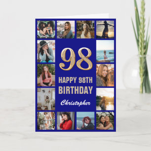 98e Happy Birthday Navy Blue & Gold Photo Collage Kaart