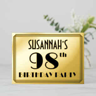 98e verjaardag — Art Deco Kijk "98" + Naam Folie Uitnodiging