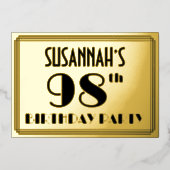98e verjaardag — Art Deco Kijk "98" + Naam Folie Uitnodiging (Voorkant)