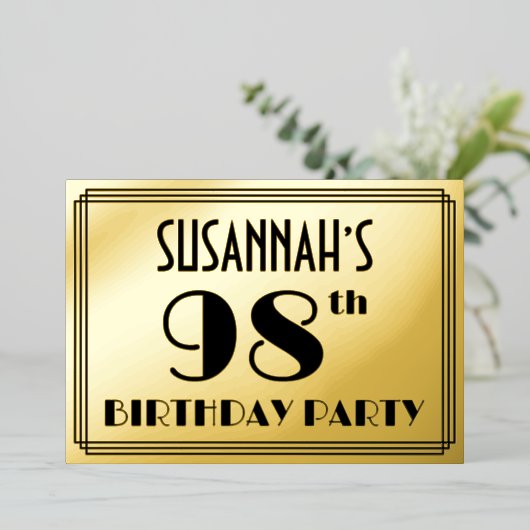 98e verjaardag — Art Deco Kijk "98" + Naam Folie Uitnodiging (Staand Voorkant)