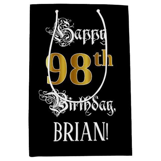 98e verjaardag ~ Fancy script; Faux Gold look; naa Medium Cadeauzakje (Voorkant)