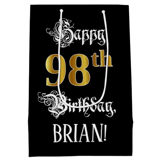 98e verjaardag ~ Fancy script; Faux Gold look; naa Medium Cadeauzakje (Achterkant)