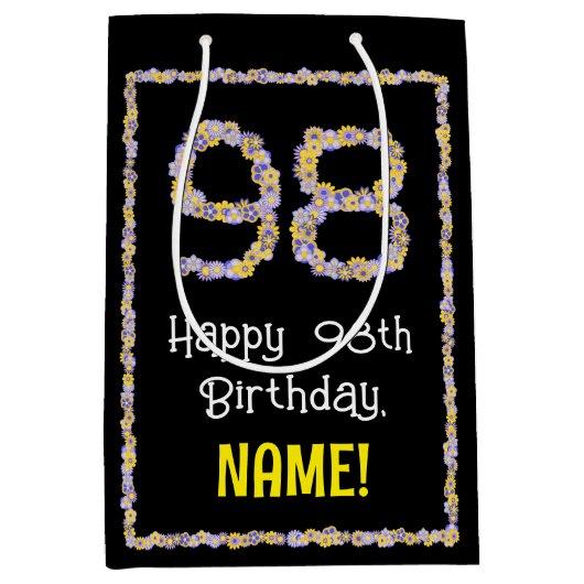 98e verjaardag: Floral Flowers Number, Custom Name Medium Cadeauzakje (Voorkant)