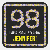98e verjaardag: Floral Flowers Number, Custom Name Vierkante Sticker (Voorkant)