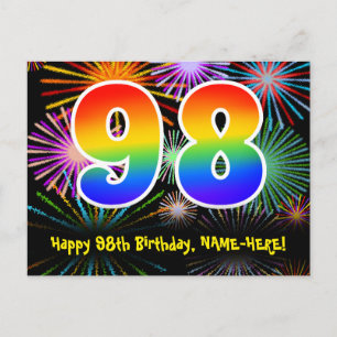 98e verjaardag - Fun Fireworks Pattern + Rainbow 9 Briefkaart