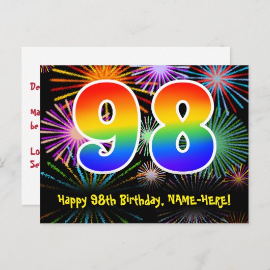 98e verjaardag - Fun Fireworks Pattern + Rainbow 9 Briefkaart (Voorkant / Achterkant)