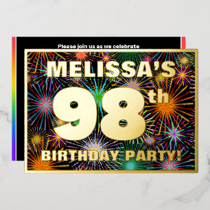 98e verjaardag — Fun, kleurrijke Fireworks-look Folie Uitnodiging