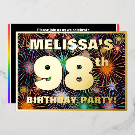 98e verjaardag — Fun, kleurrijke Fireworks-look Folie Uitnodiging (Voorkant / Achterkant)