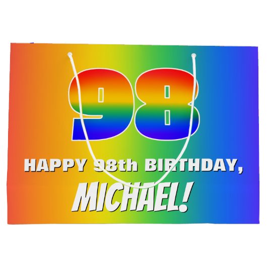 98e verjaardag: kleurrijk, vun regenboogpatroon #  groot cadeauzakje (Achterkant)