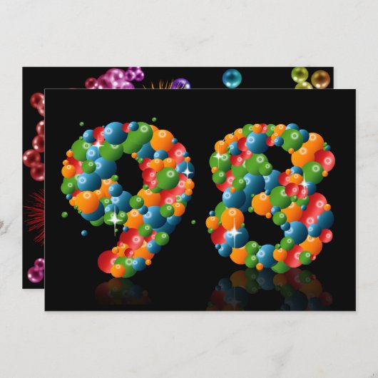 98e verjaardag, met bubbels en ballen kaart (Voorkant / Achterkant)