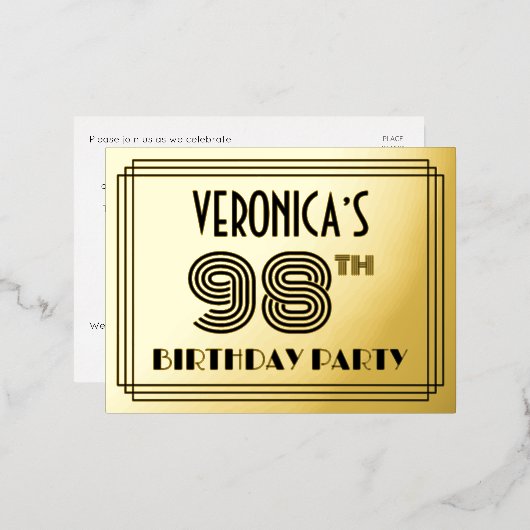 98e verjaardag partij ~ Art Deco Style "98" + naam Folie Uitnodiging Briefkaart (Voorkant / Achterkant)