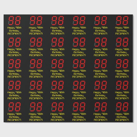 98e verjaardag: Red Digital Clock Style "98" + naa Cadeaupapier (Vlak)