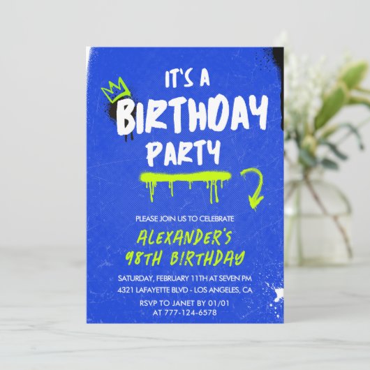 98e verjaardag Uitnodigingen Mannen Graffiti Spuit (Staand voorkant)