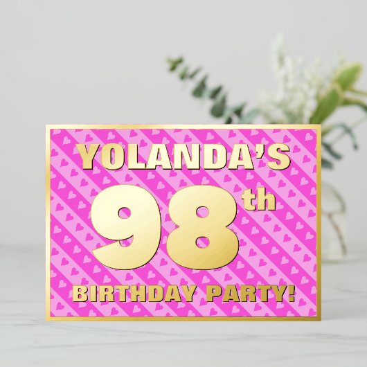 98e verjaardag van de Vogelroze harten en strips Folie Uitnodiging (Staand Voorkant)