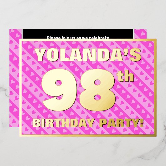 98e verjaardag van de Vogelroze harten en strips Folie Uitnodiging (Voorkant / Achterkant)
