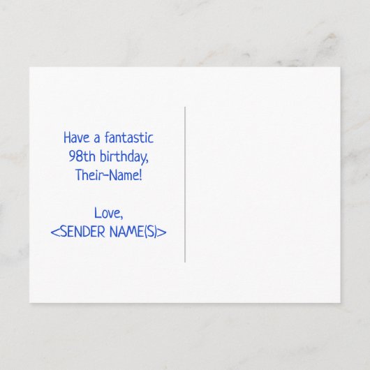 98e verjaardag: Vet, Vun, Eenvoudig, Regenboog 98 Briefkaart (Achterkant)