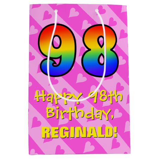 98e verjaardag: vuurroze kunststaven; regenboog 98 medium cadeauzakje (Voorkant)