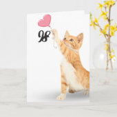 98e verjaardagstablet, kat met hartballon kaart (Gele Bloem)