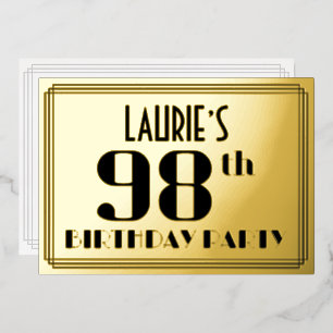 98ste verjaardag: Art Deco Kijk "98" en naam Folie Uitnodiging