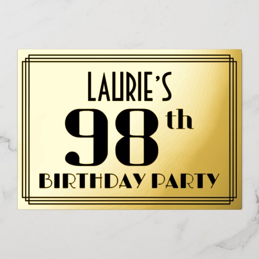 98ste verjaardag: Art Deco Kijk "98" en naam Folie Uitnodiging (Voorkant)