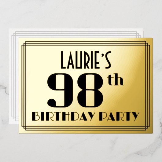 98ste verjaardag: Art Deco Kijk "98" en naam Folie Uitnodiging (Voorkant / Achterkant)