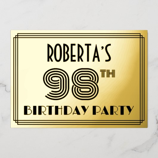 98ste verjaardag — Art Deco Style "98" en naam Folie Uitnodiging (Voorkant)