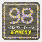 98ste verjaardag: Bloemennummer, Faux Wood Look, N Vierkante Sticker (Voorkant)