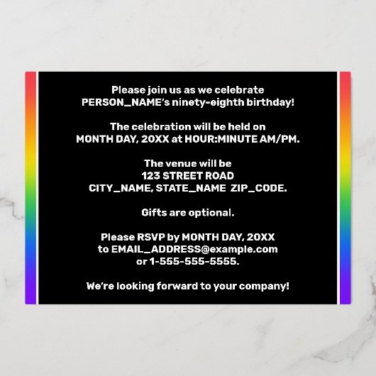 98ste verjaardag: Fun, kleurrijk regenboogpatroon Folie Uitnodiging (Achterkant)