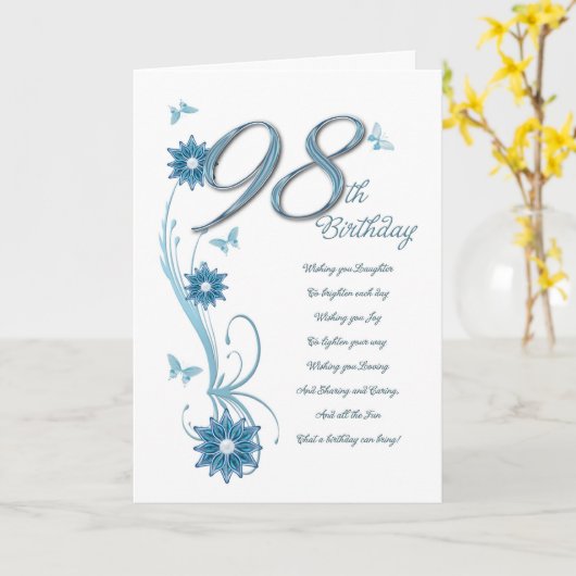 98ste verjaardag in blauwgroen met bloemen en vlin kaart (Gele Bloem)