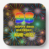 98ste verjaardag: kleurrijk, gevierd vuurwerk papieren bordje (Voorkant)