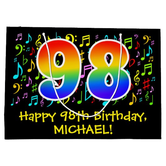 98ste verjaardag - Kleurrijke muzieksymbolen, Rain Groot Cadeauzakje (Achterkant)
