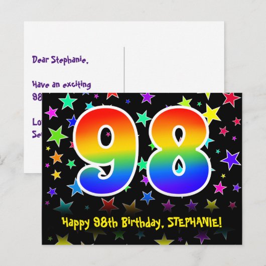 98ste verjaardag: Leuke sterrenprint, Regenboog 98 Briefkaart (Voorkant / Achterkant)
