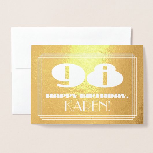 98ste verjaardag: Naam + Art Deco geïnspireerde lo Folie Kaarten (Voorkant met envelop)