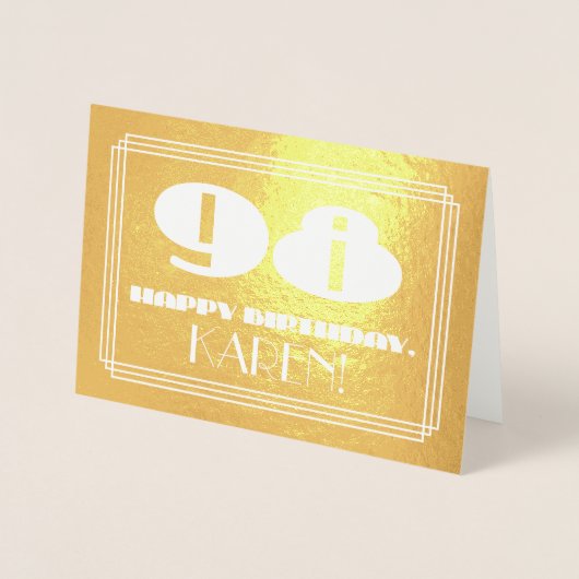 98ste verjaardag: Naam + Art Deco geïnspireerde lo Folie Kaarten (Voorkant)