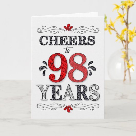 98ste verjaardag Proost in rood wit zwart patroon Kaart (Gele Bloem)