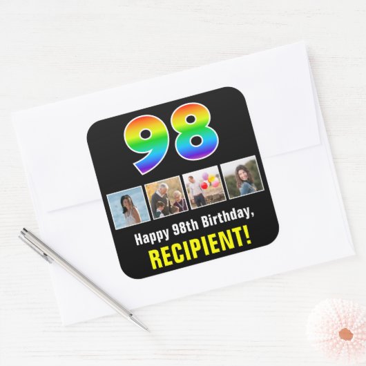 98ste verjaardag: Regenboog "98"; Aangepaste foto' Vierkante Sticker (Envelop)