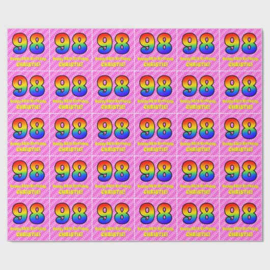 98ste verjaardag: roze strepen & harten, regenboog cadeaupapier (Vlak)