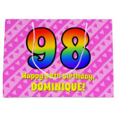 98ste verjaardag: roze strepen & harten, regenboog groot cadeauzakje (Voorkant)