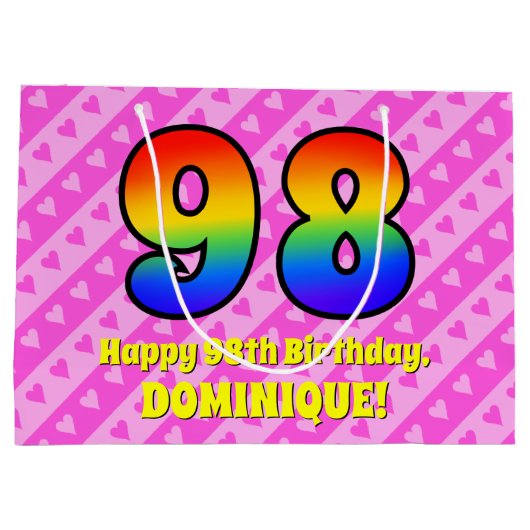 98ste verjaardag: roze strepen & harten, regenboog groot cadeauzakje (Achterkant)