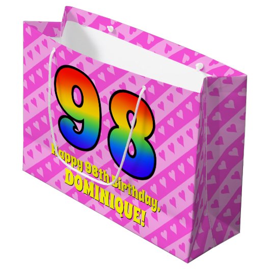 98ste verjaardag: roze strepen & harten, regenboog groot cadeauzakje (Voorkant Gekanteld)