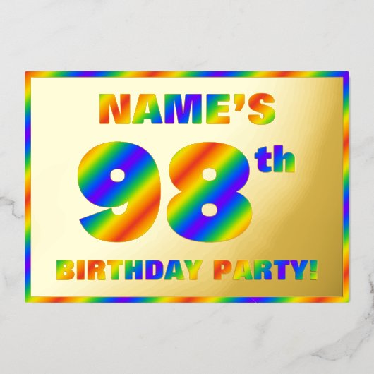98ste verjaardag van de geboorte - Fun, regenboogs Folie Uitnodiging (Voorkant)