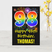 98ste verjaardag: vuurwerk patroon + regenboog 98 kaart (Gele Bloem)