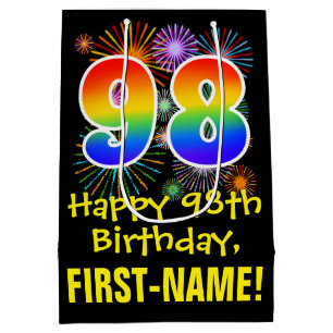 98ste verjaardag: vuurwerk patroon + regenboog 98 medium cadeauzakje