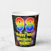 98ste verjaardag: vuurwerk patroon + regenboog 98 papieren bekers (Voorkant)
