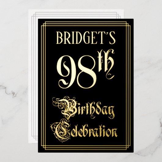 98ste verjaardagsfeest — Fancy Script & Aangepaste Folie Uitnodiging (Voorkant / Achterkant)