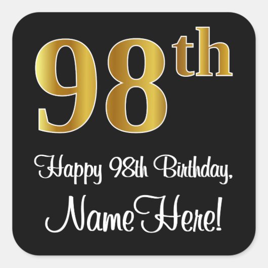 98th Birthday – Elegant Luxurious Faux Gold Look # Vierkante Sticker (Voorkant)