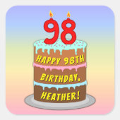 98th Birthday: Fun Cake and Candles + Custom Name Vierkante Sticker (Voorkant)